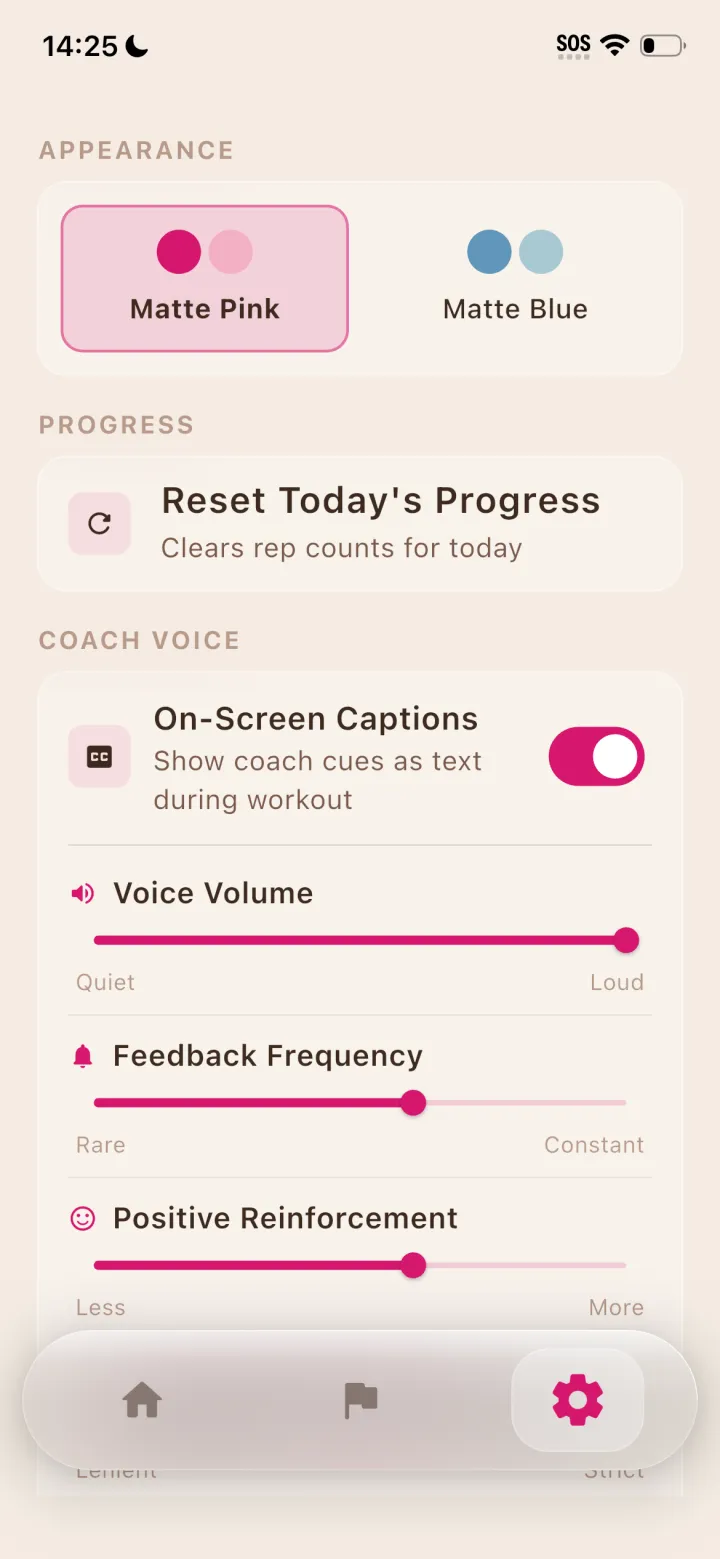 SafeReps app settings screen
