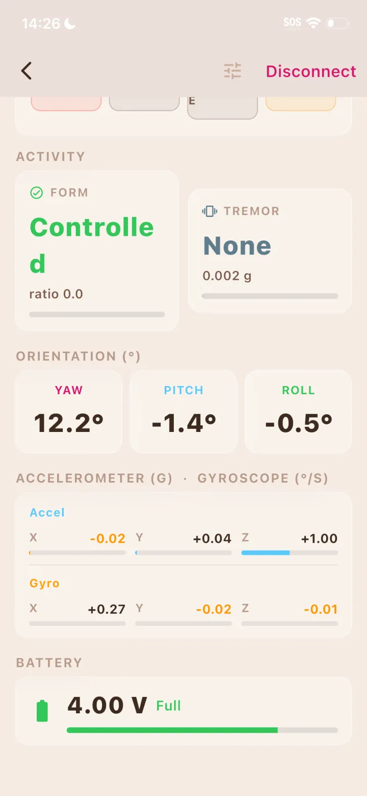 SafeReps BLE IMU debug page showing live sensor data