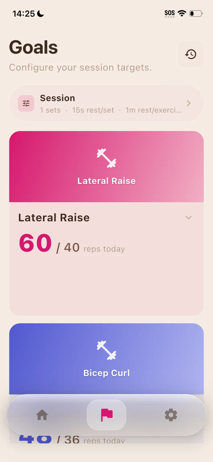 SafeReps goals configuration screen