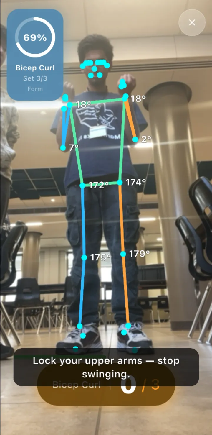 SafeReps active session with live skeletal overlay and form tracking